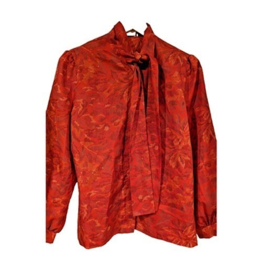 JBJ Bow Blouse 16 Red Abstract‎ Leaf Vintage 80s Puffed Sleeve Secretary